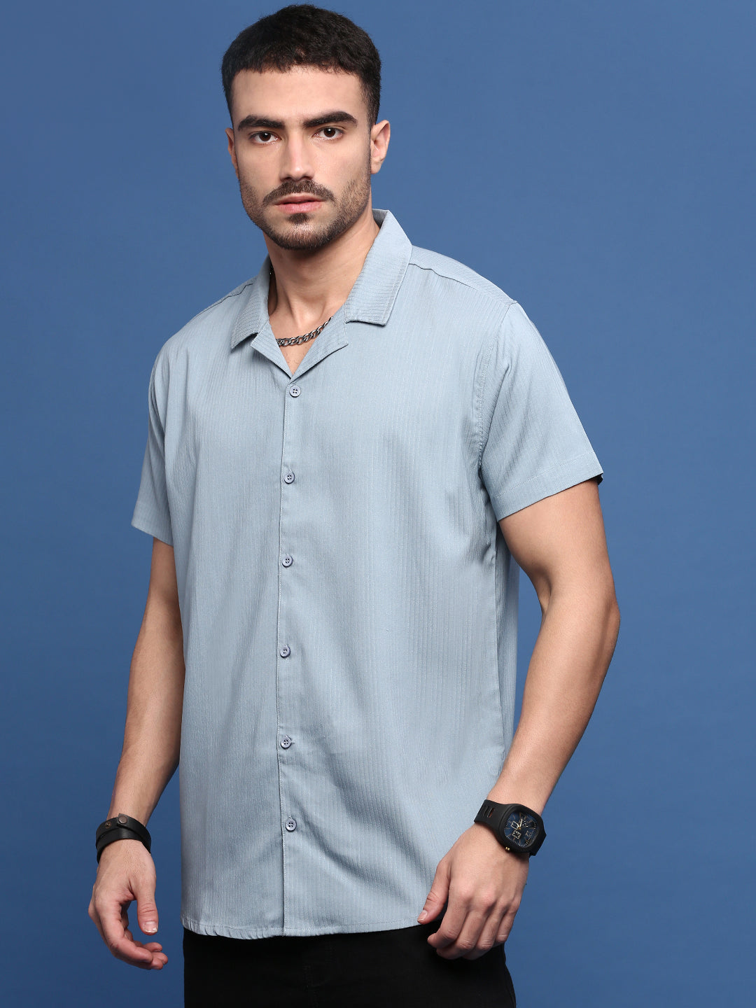 Men Blue Cuban Collar Shirt