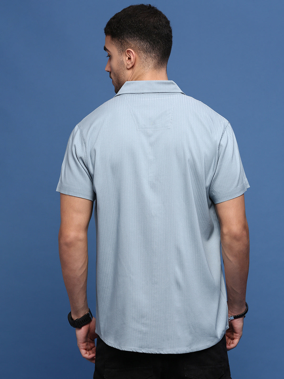 Men Blue Cuban Collar Shirt