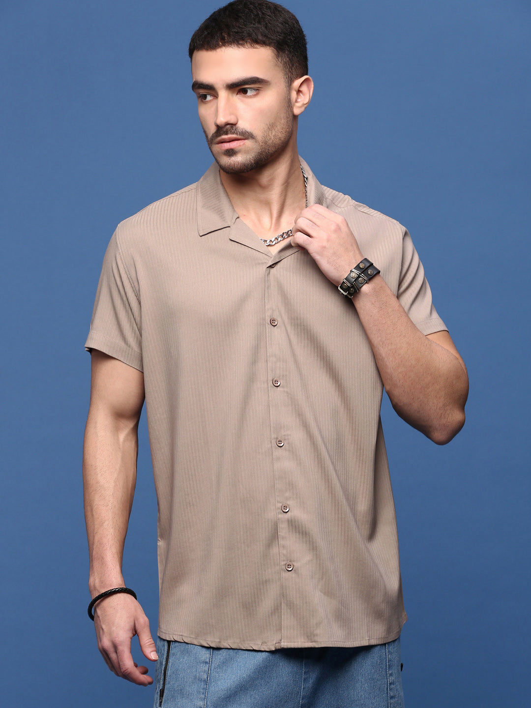 Men Brown Cuban Collar Shirt