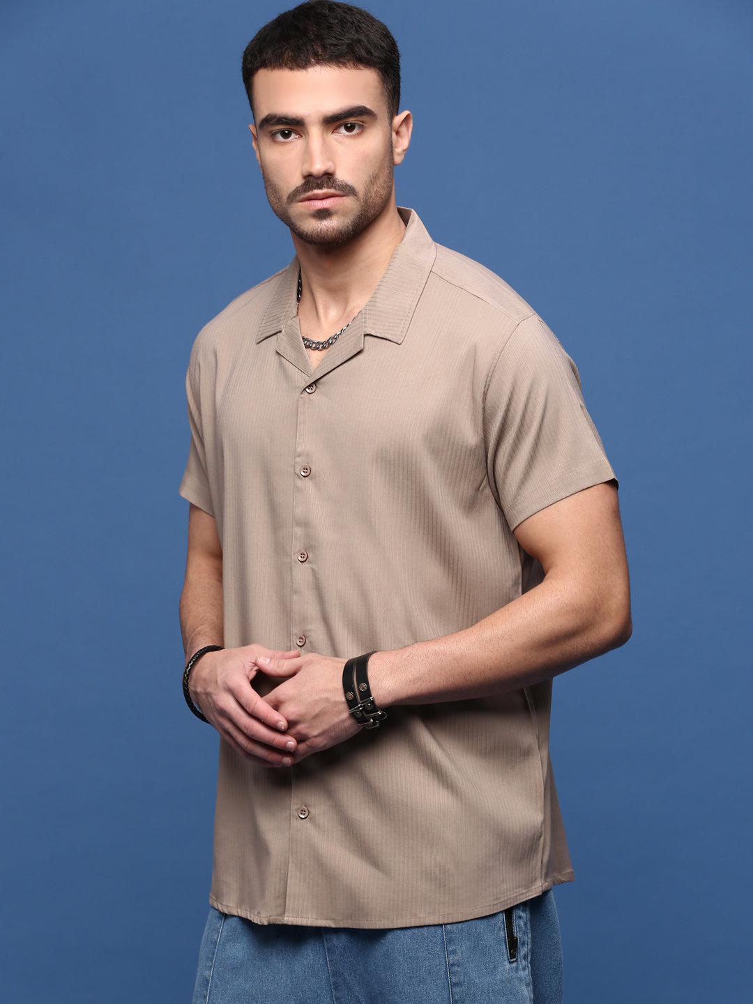 Men Brown Cuban Collar Shirt