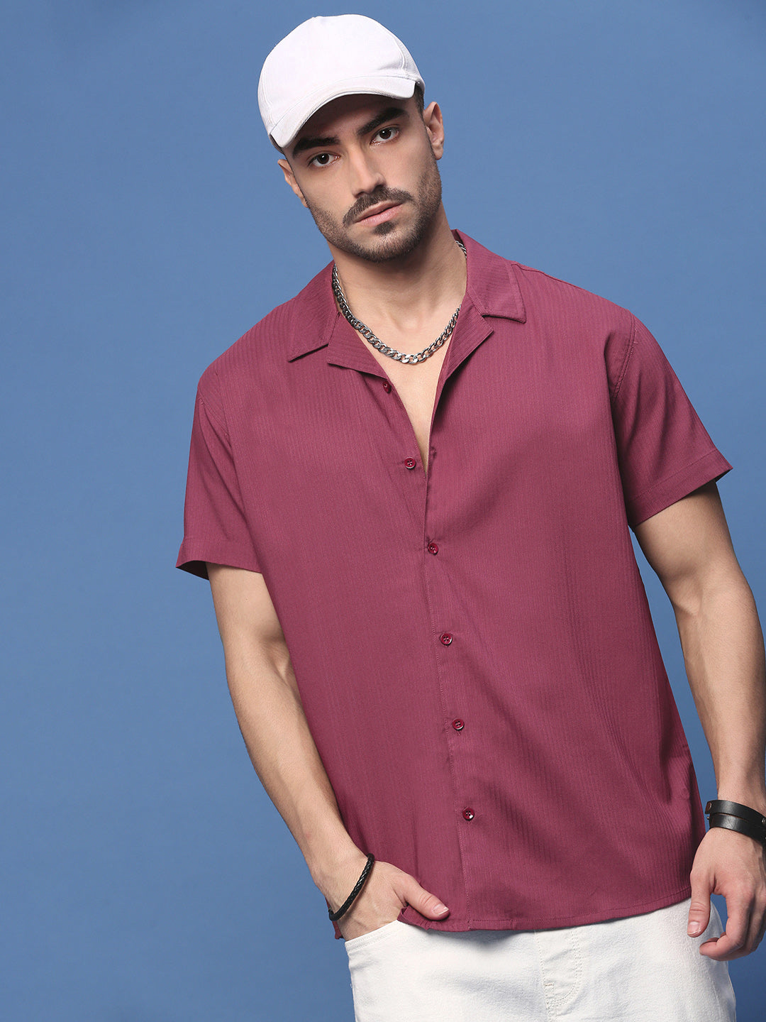 Men Burgundy Cuban Collar Shirt