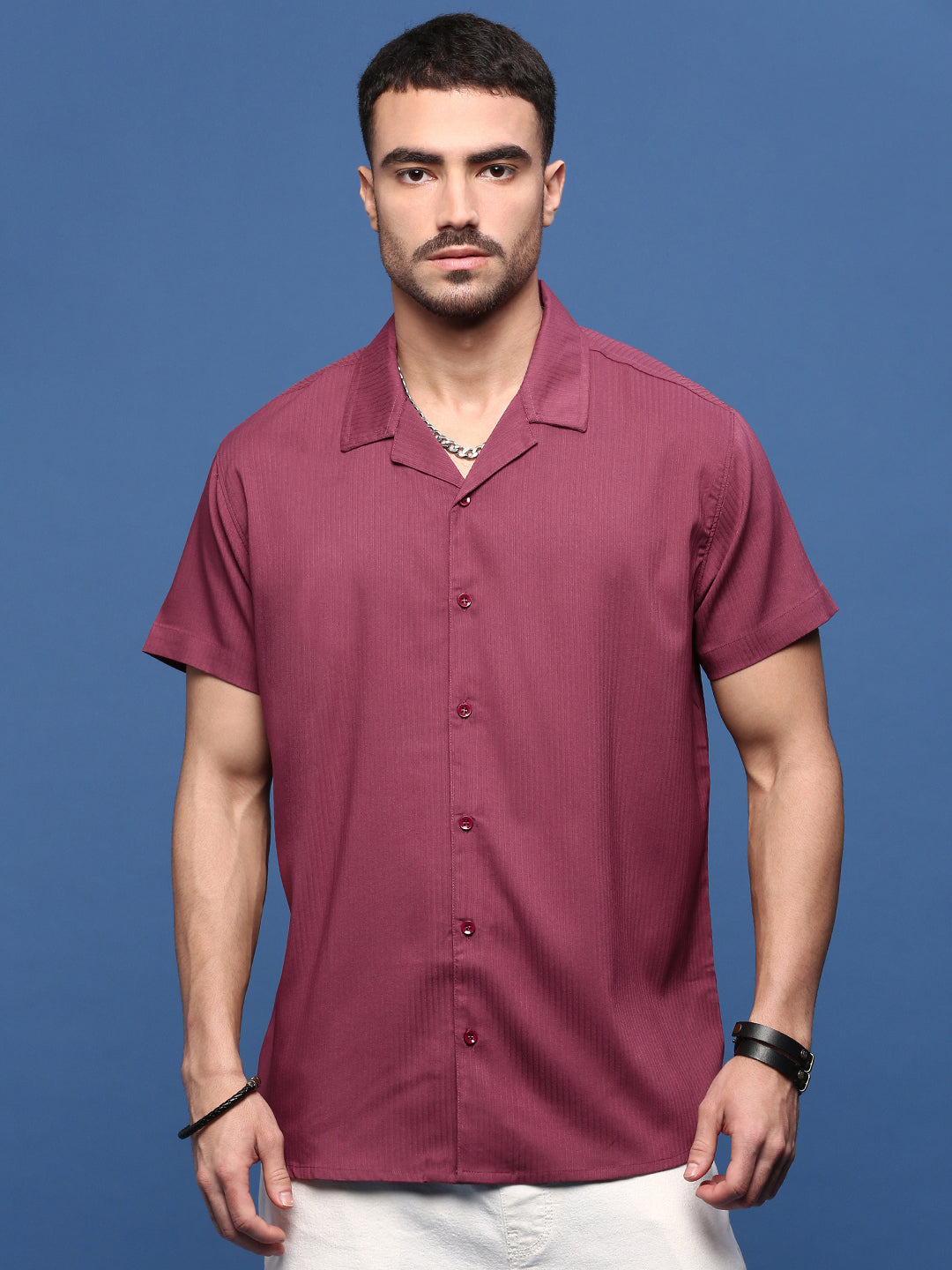 Men Burgundy Cuban Collar Shirt