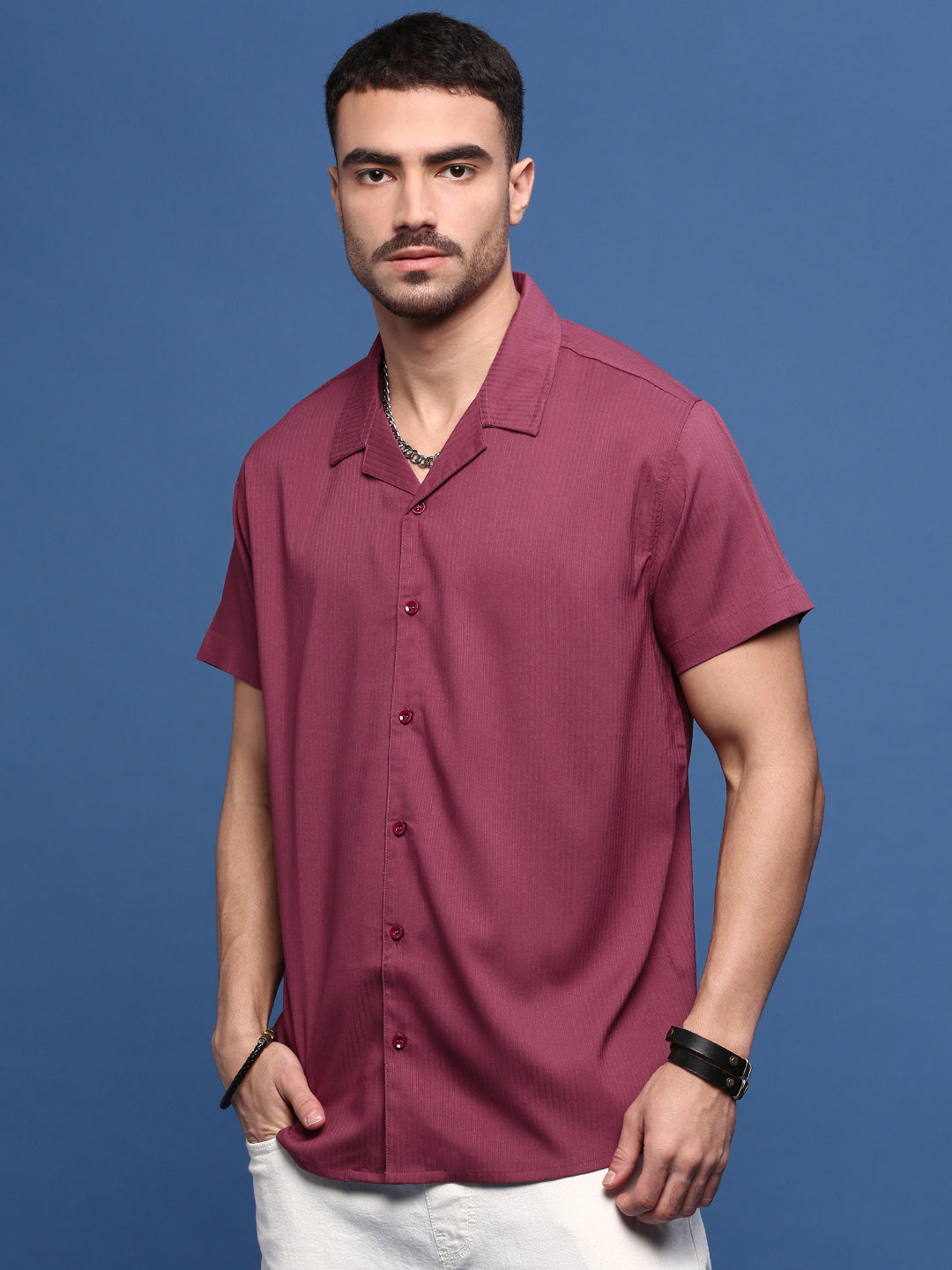 Men Burgundy Cuban Collar Shirt