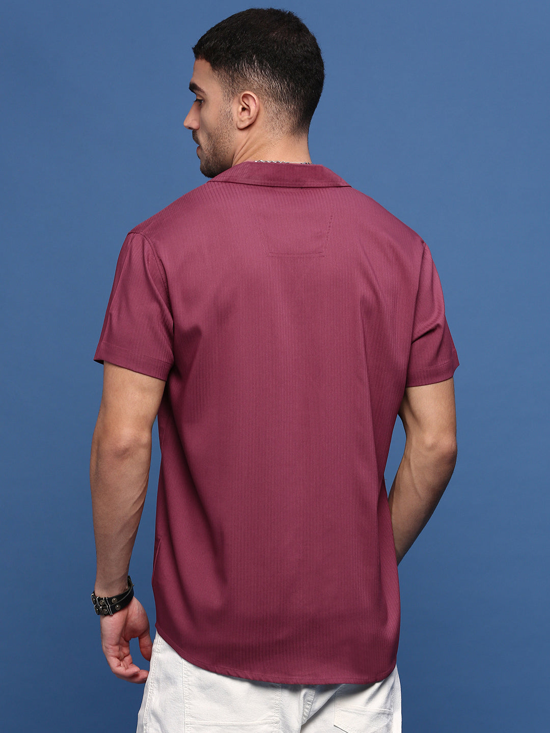 Men Burgundy Cuban Collar Shirt