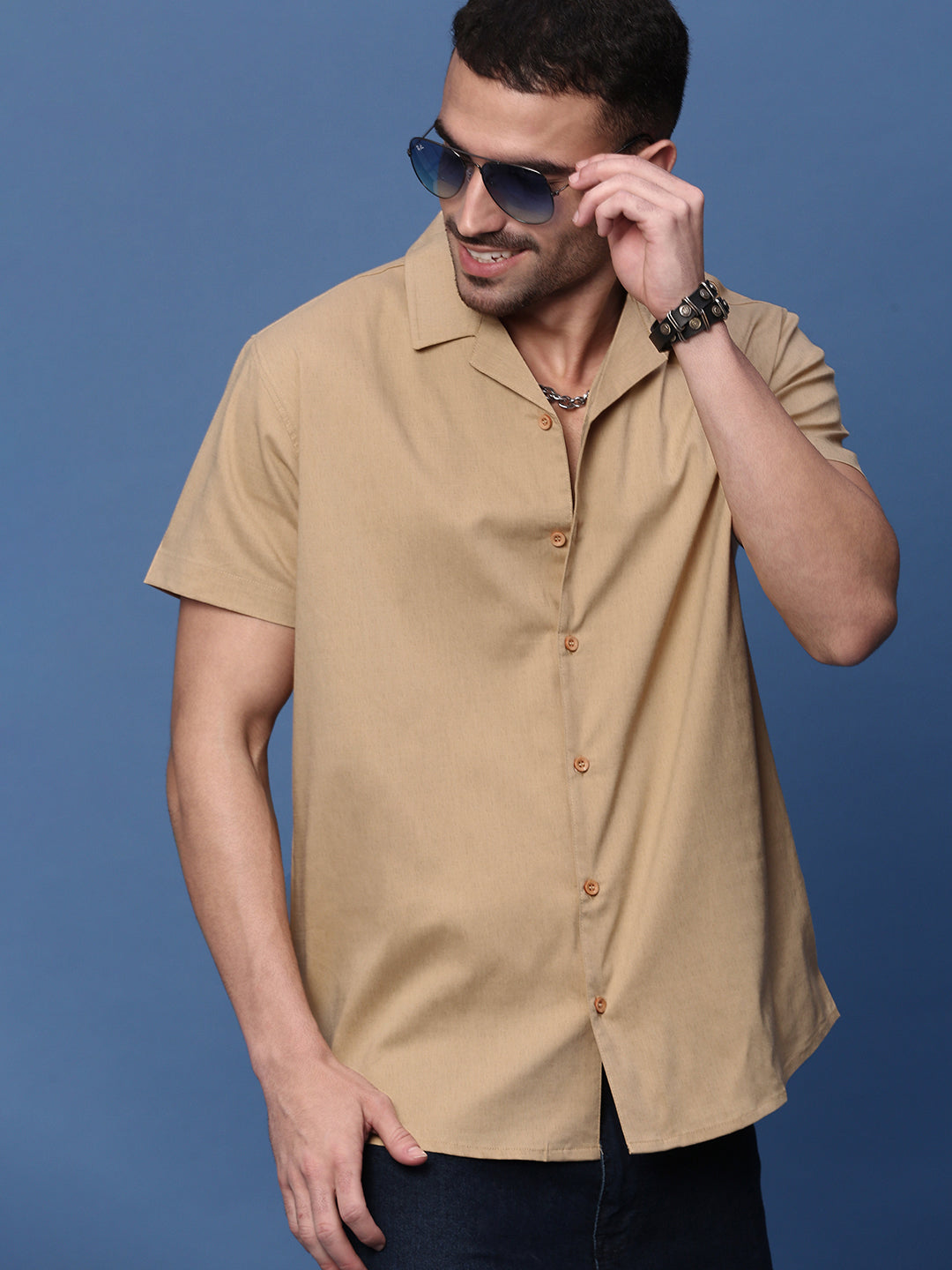 Men Beige Solid Cuban Collar Shirt