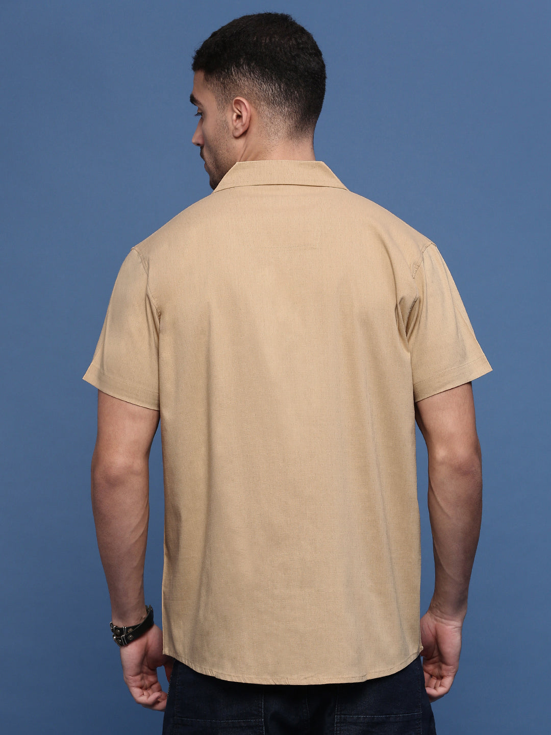 Men Beige Solid Cuban Collar Shirt