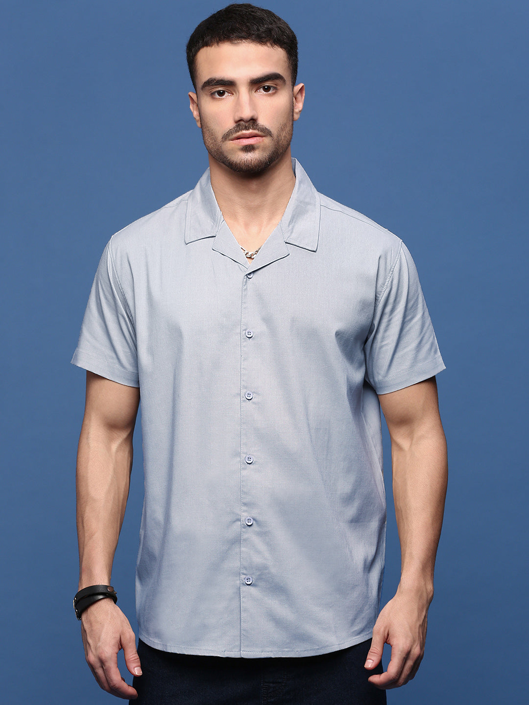 Men Blue Solid Cuban Collar Shirt