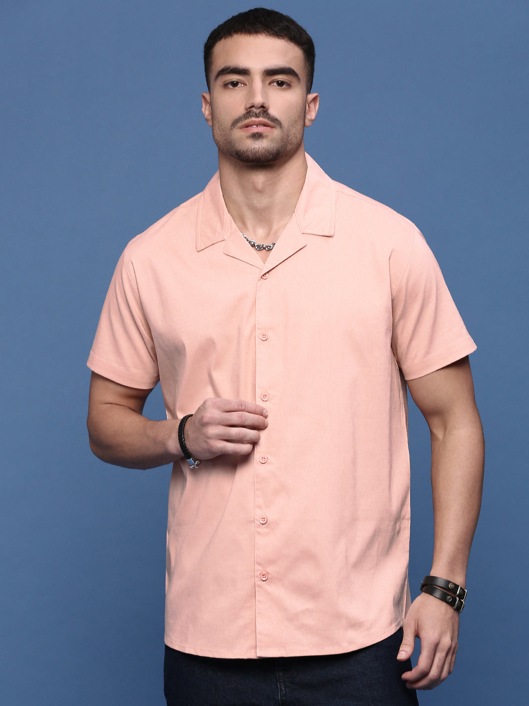 Men Peach Solid Cuban Collar Shirt