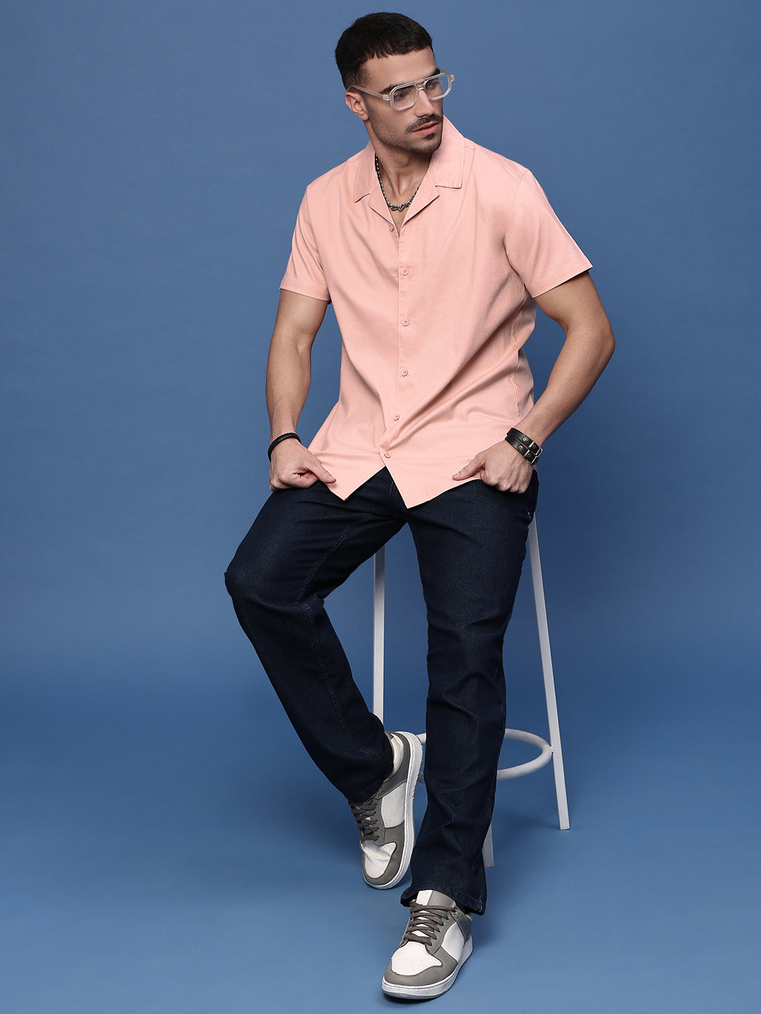 Men Peach Solid Cuban Collar Shirt