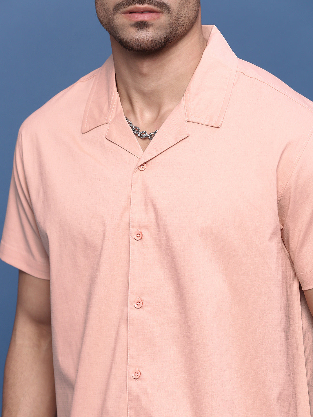 Men Peach Solid Cuban Collar Shirt