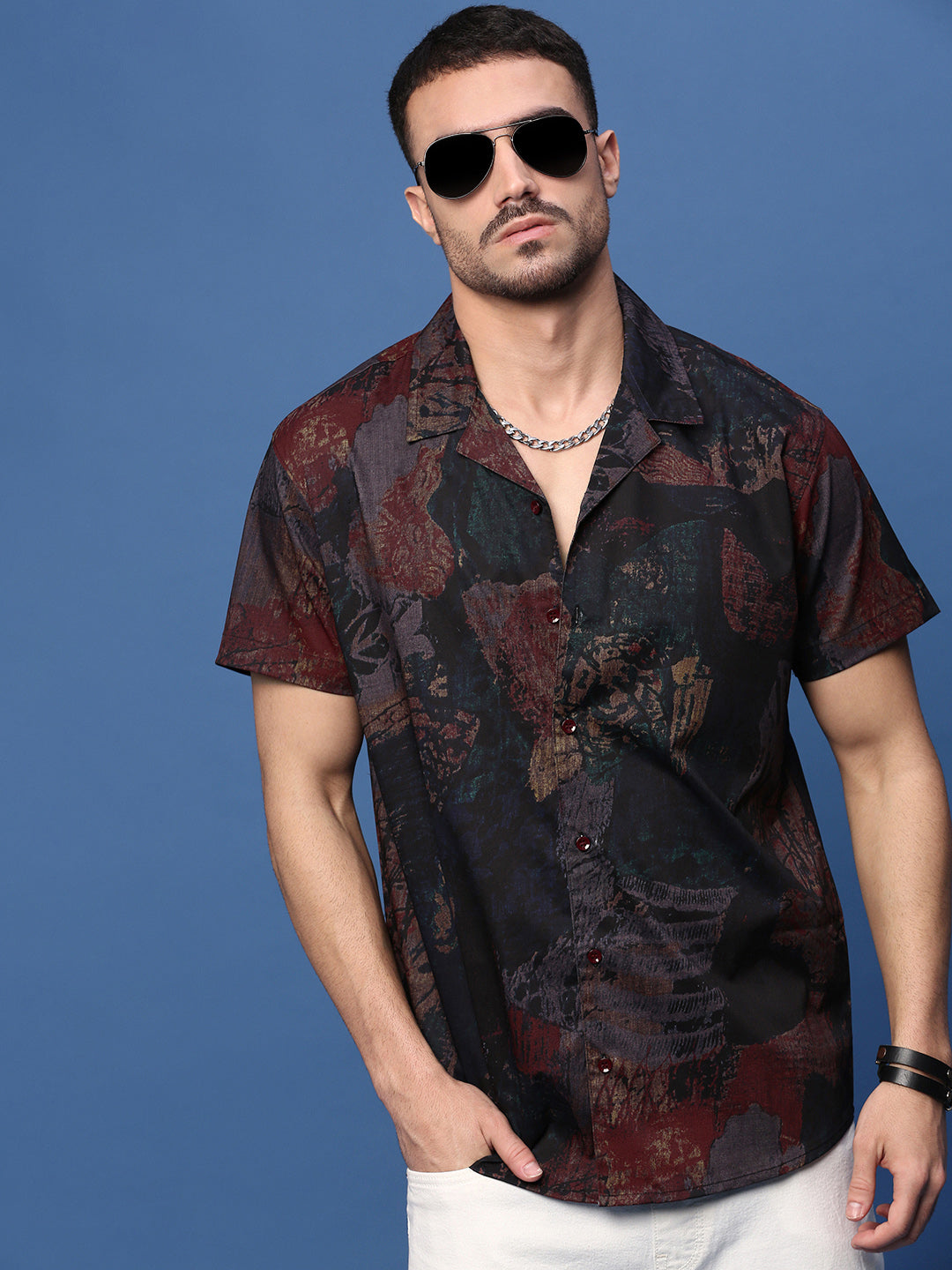 Men Brown Abstract Cuban Collar Shirt