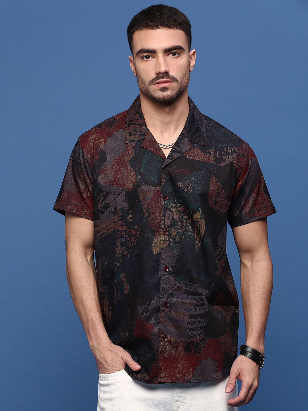 Men Brown Abstract Cuban Collar Shirt