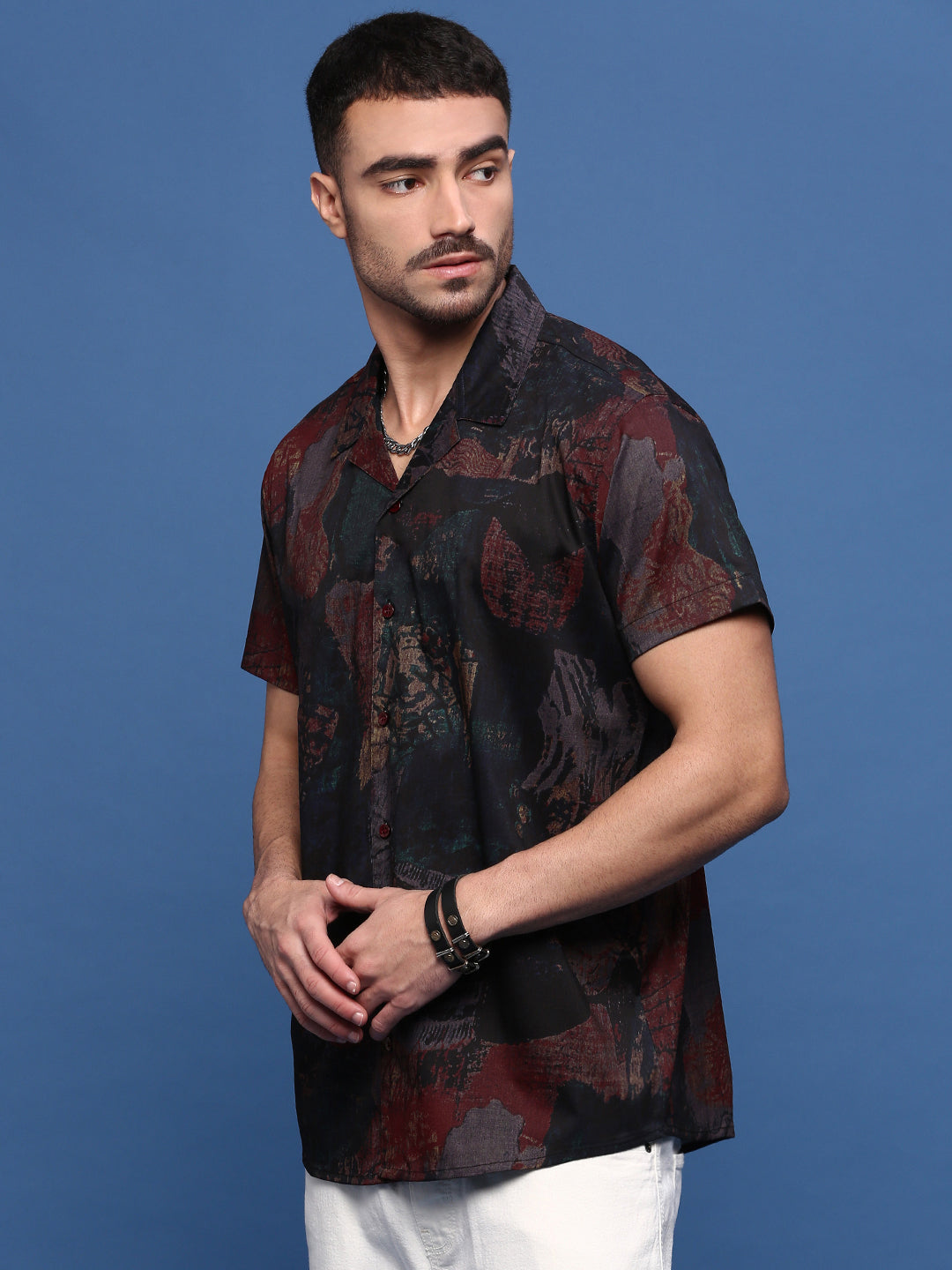 Men Brown Abstract Cuban Collar Shirt