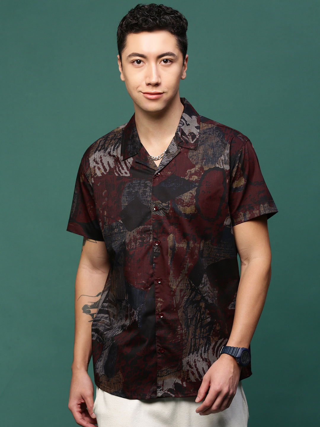 Men Maroon Abstract Cuban Collar Shirt