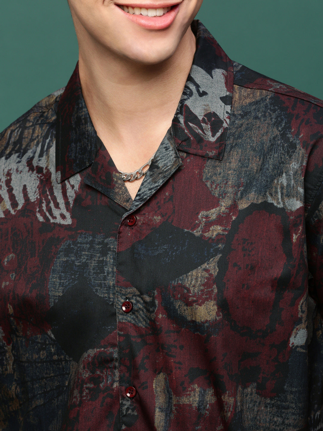 Men Maroon Abstract Cuban Collar Shirt