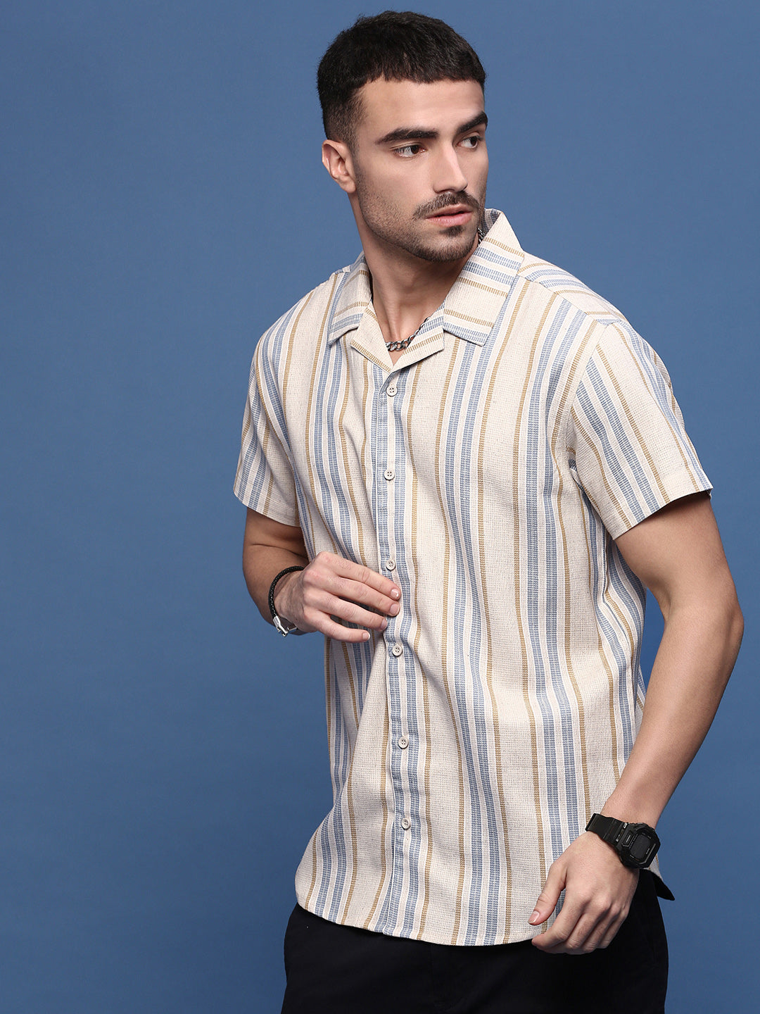 Men Beige Cuban Collar Striped Shirt