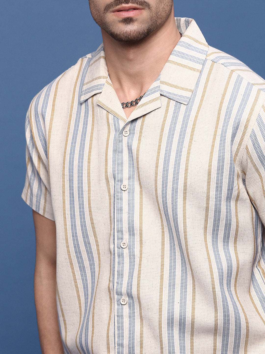 Men Beige Cuban Collar Striped Shirt