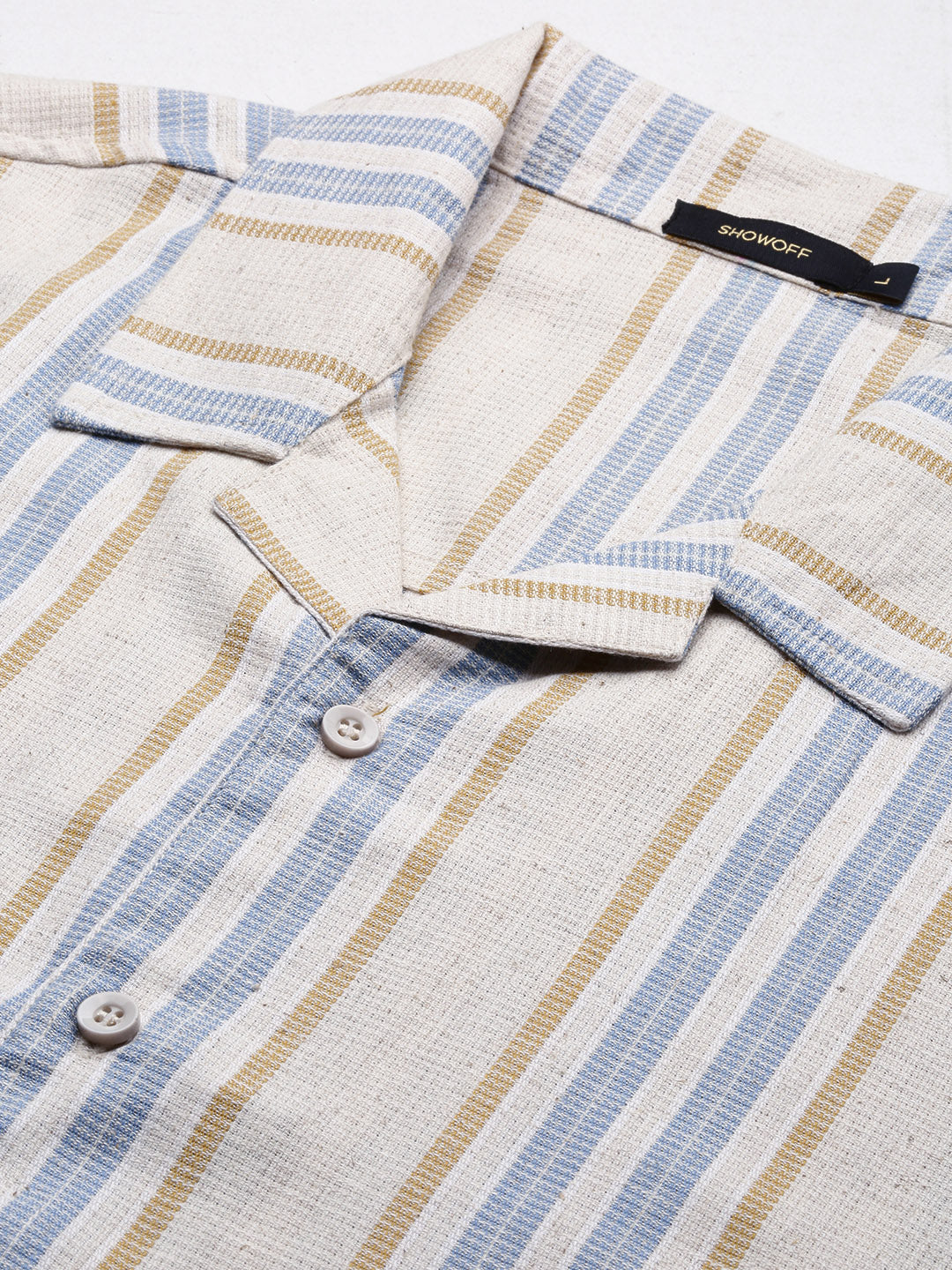 Men Beige Cuban Collar Striped Shirt