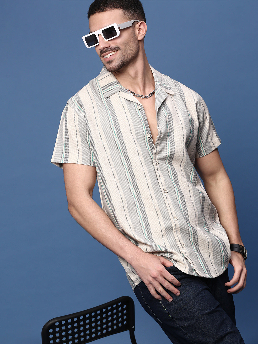 Men Grey Cuban Collar Striped Shirt