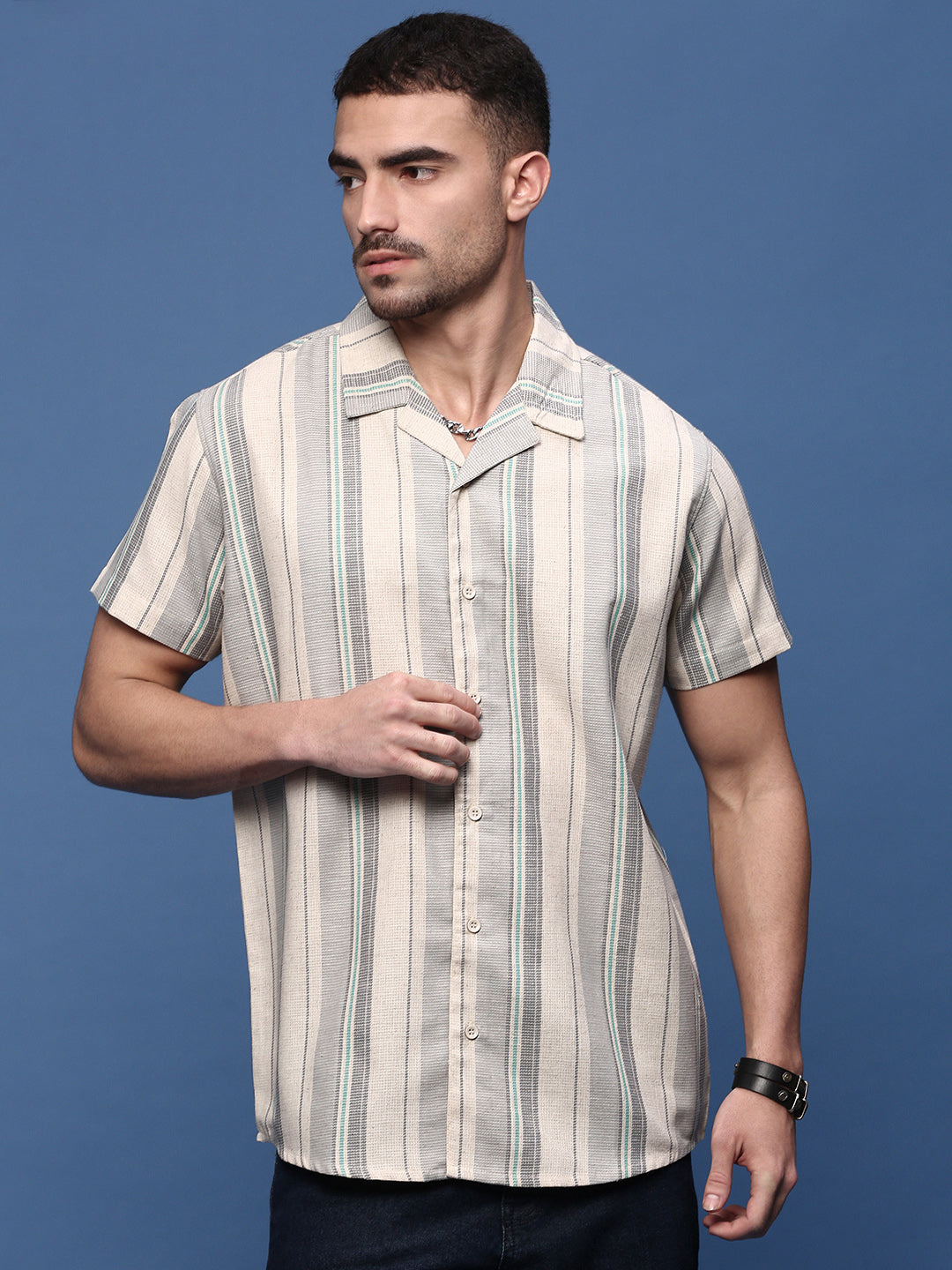 Men Grey Cuban Collar Striped Shirt