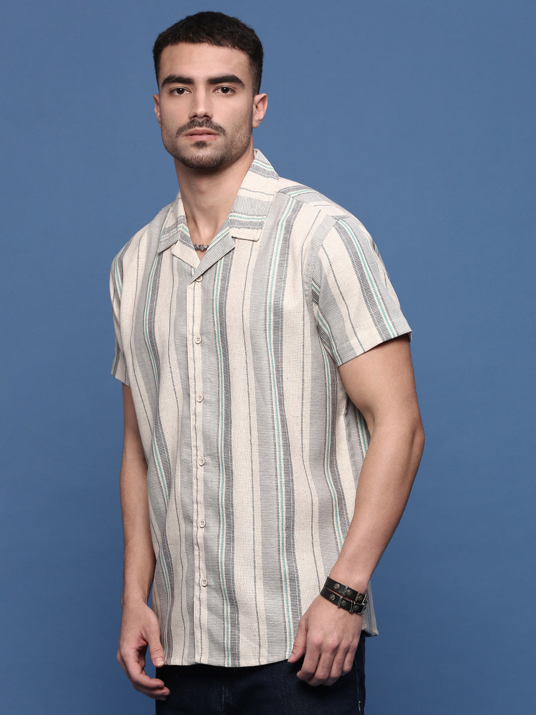 Men Grey Cuban Collar Striped Shirt