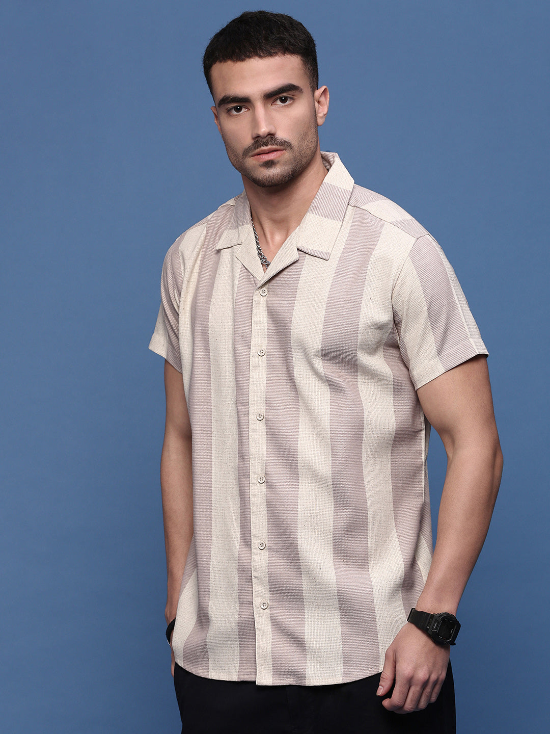 Men Lavender Cuban Collar Striped Shirt