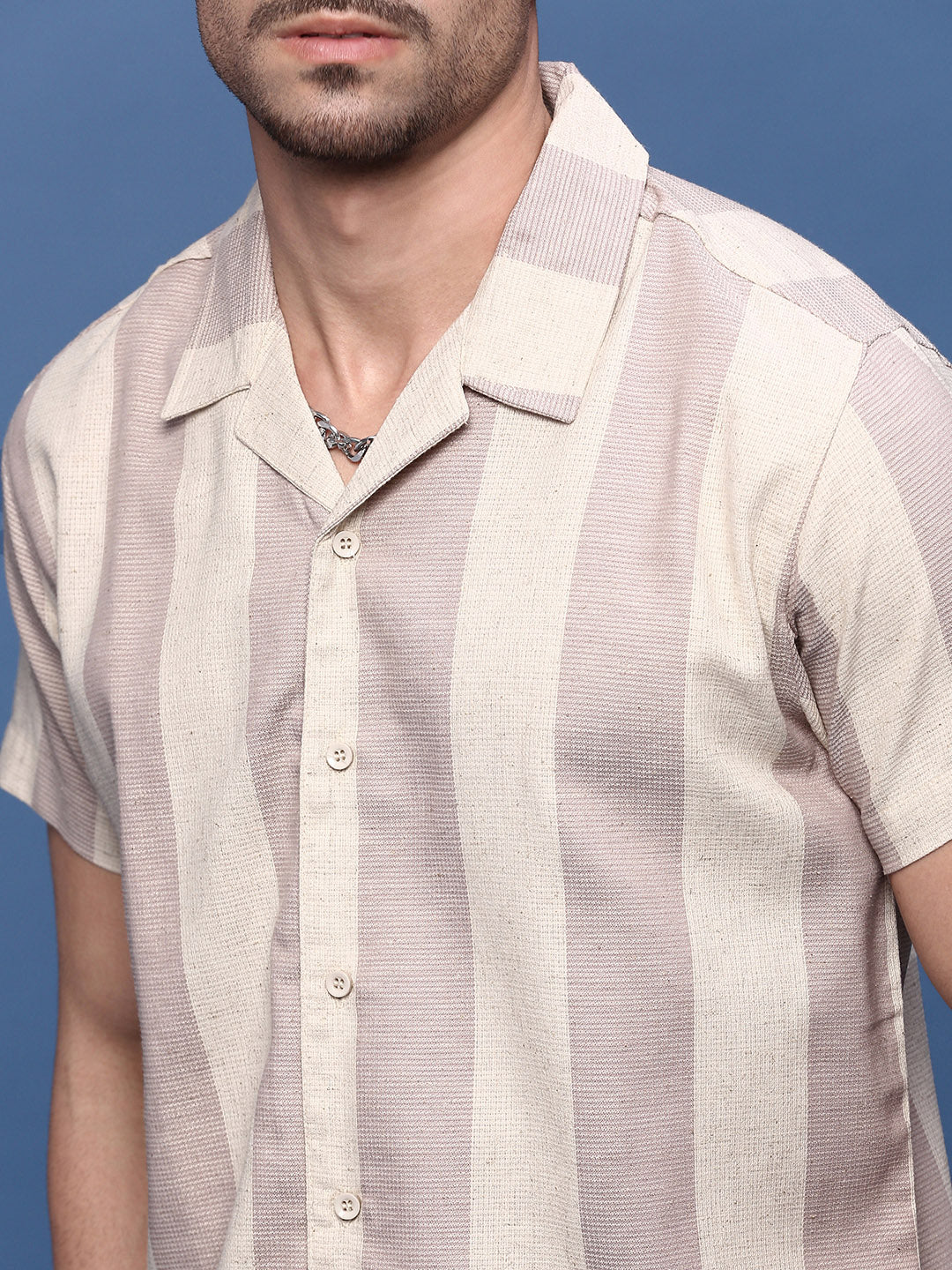 Men Lavender Cuban Collar Striped Shirt