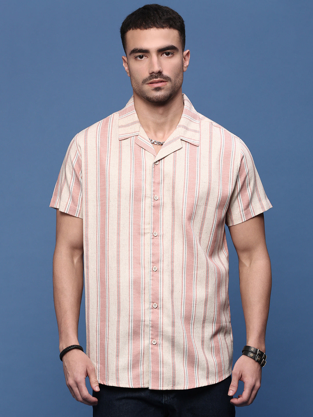 Men Peach Cuban Collar Striped Shirt