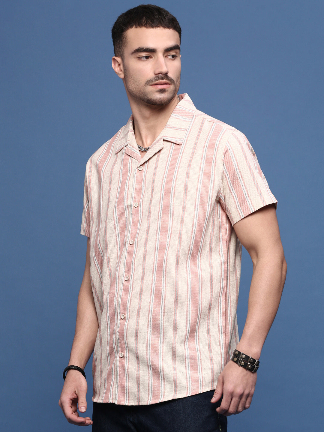 Men Peach Cuban Collar Striped Shirt