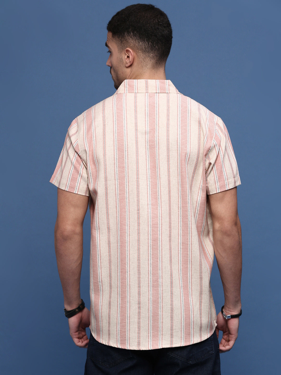 Men Peach Cuban Collar Striped Shirt