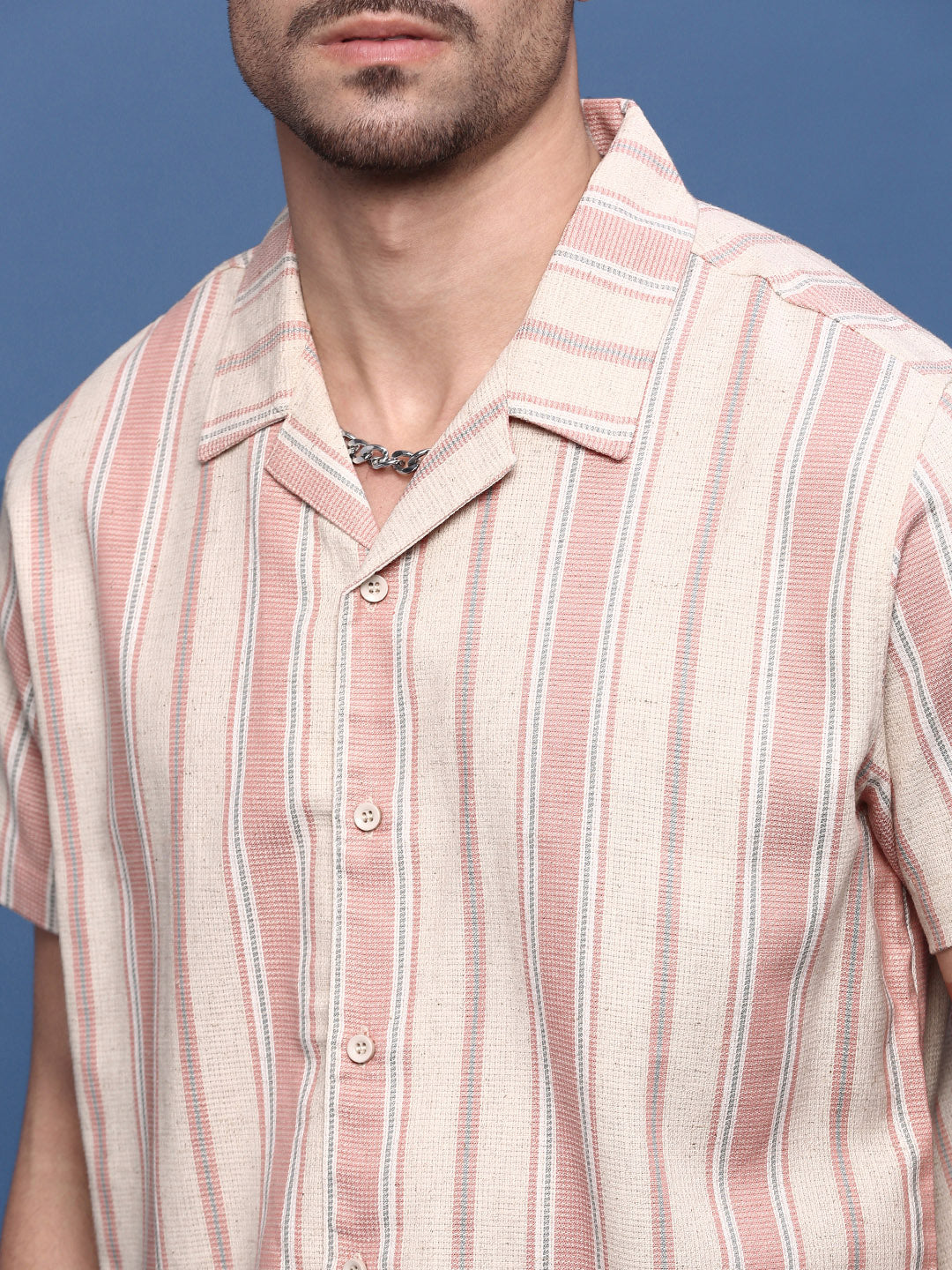 Men Peach Cuban Collar Striped Shirt