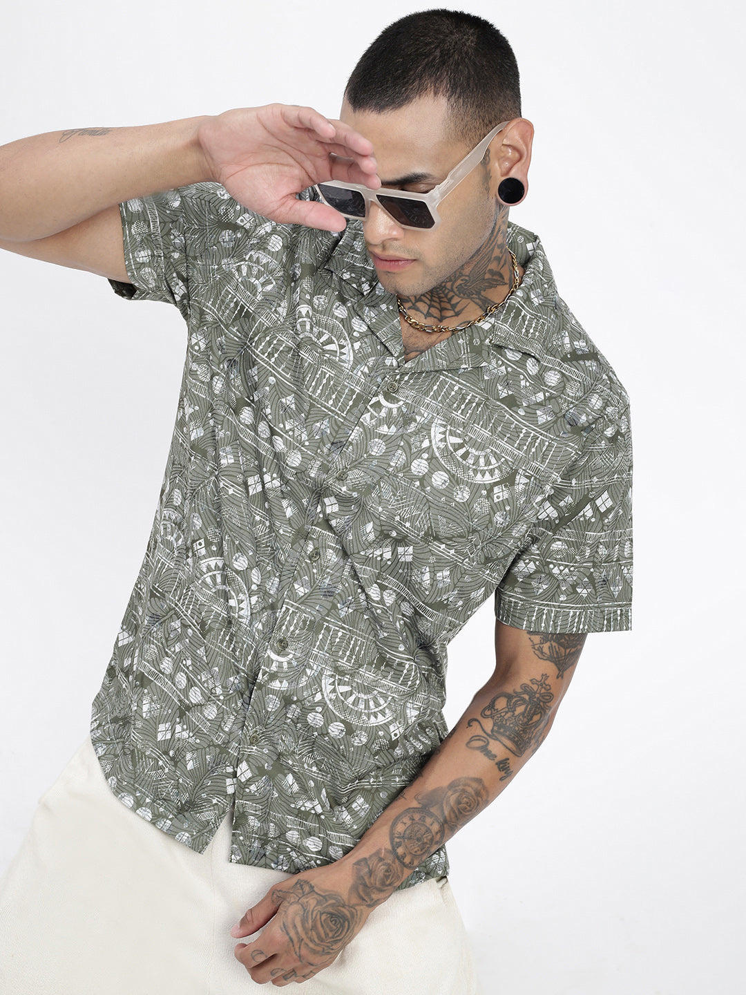 Men Geometric Green Relaxed Fit Shirt