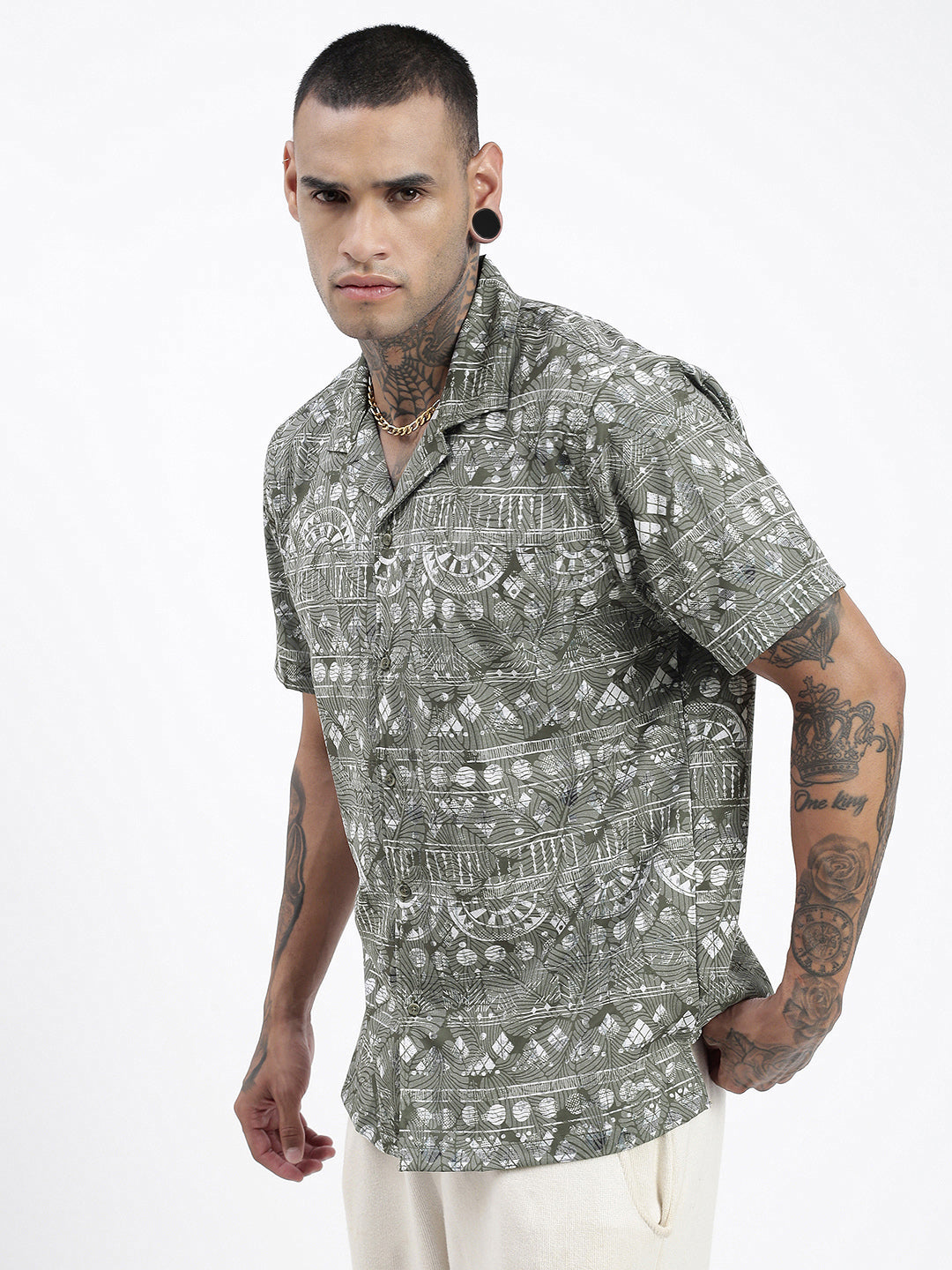 Men Geometric Green Relaxed Fit Shirt