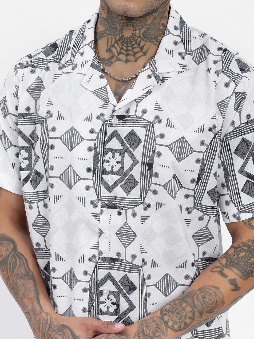 Men Geometric White Relaxed Fit Shirt