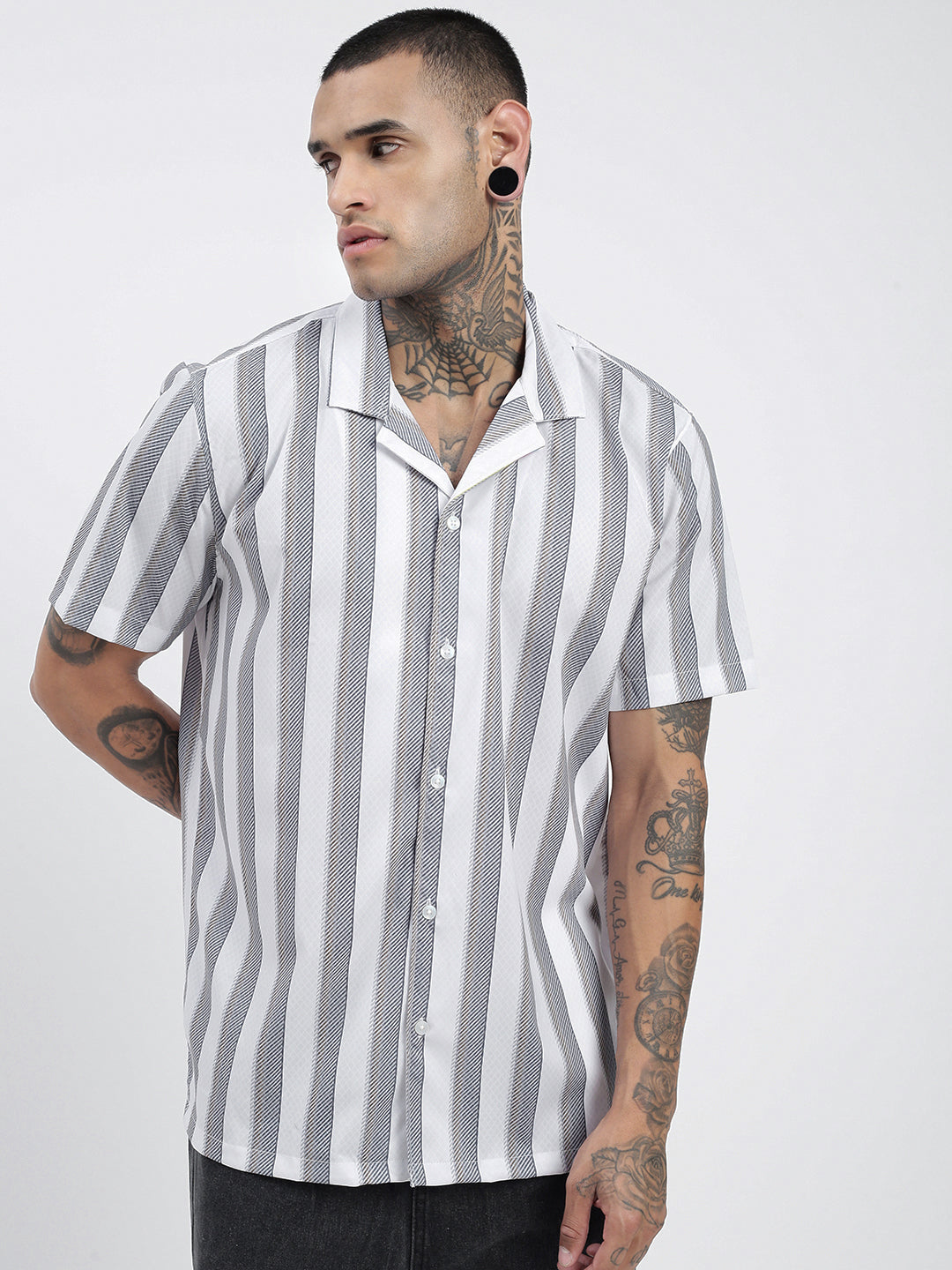 Men Striped Grey Relaxed Fit Shirt