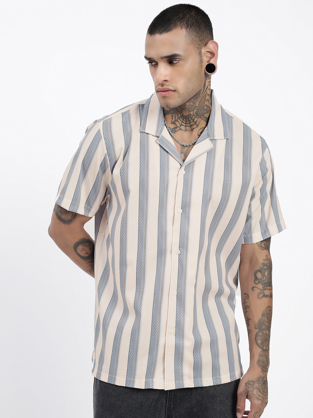 Men Striped Cream Relaxed Fit Shirt