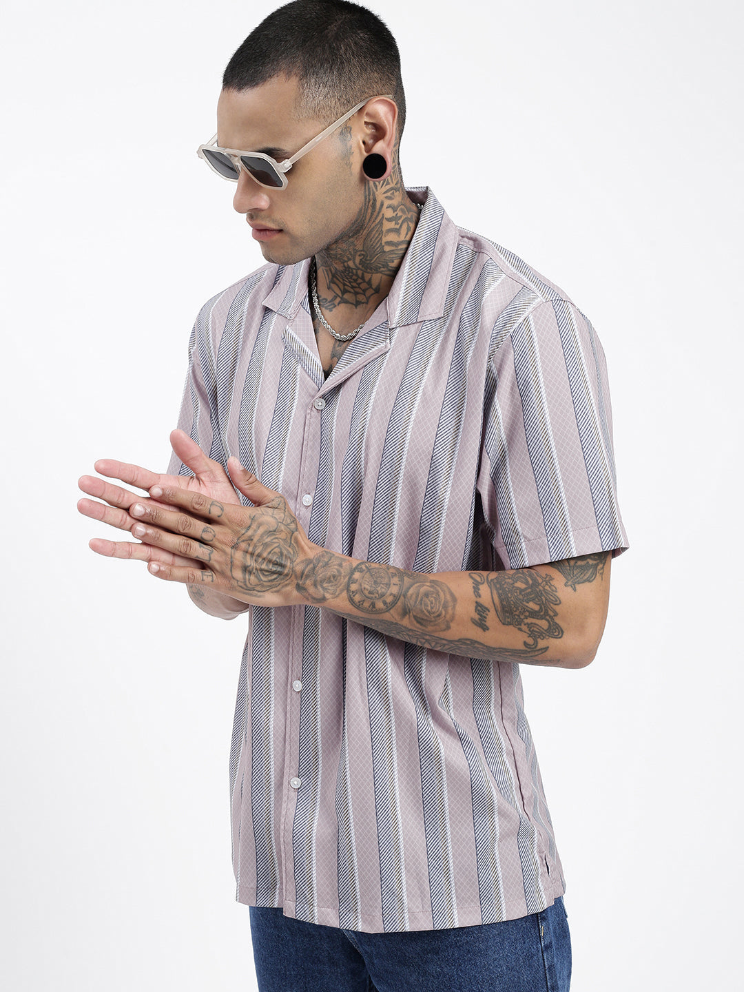 Men Striped Grey Relaxed Fit Shirt