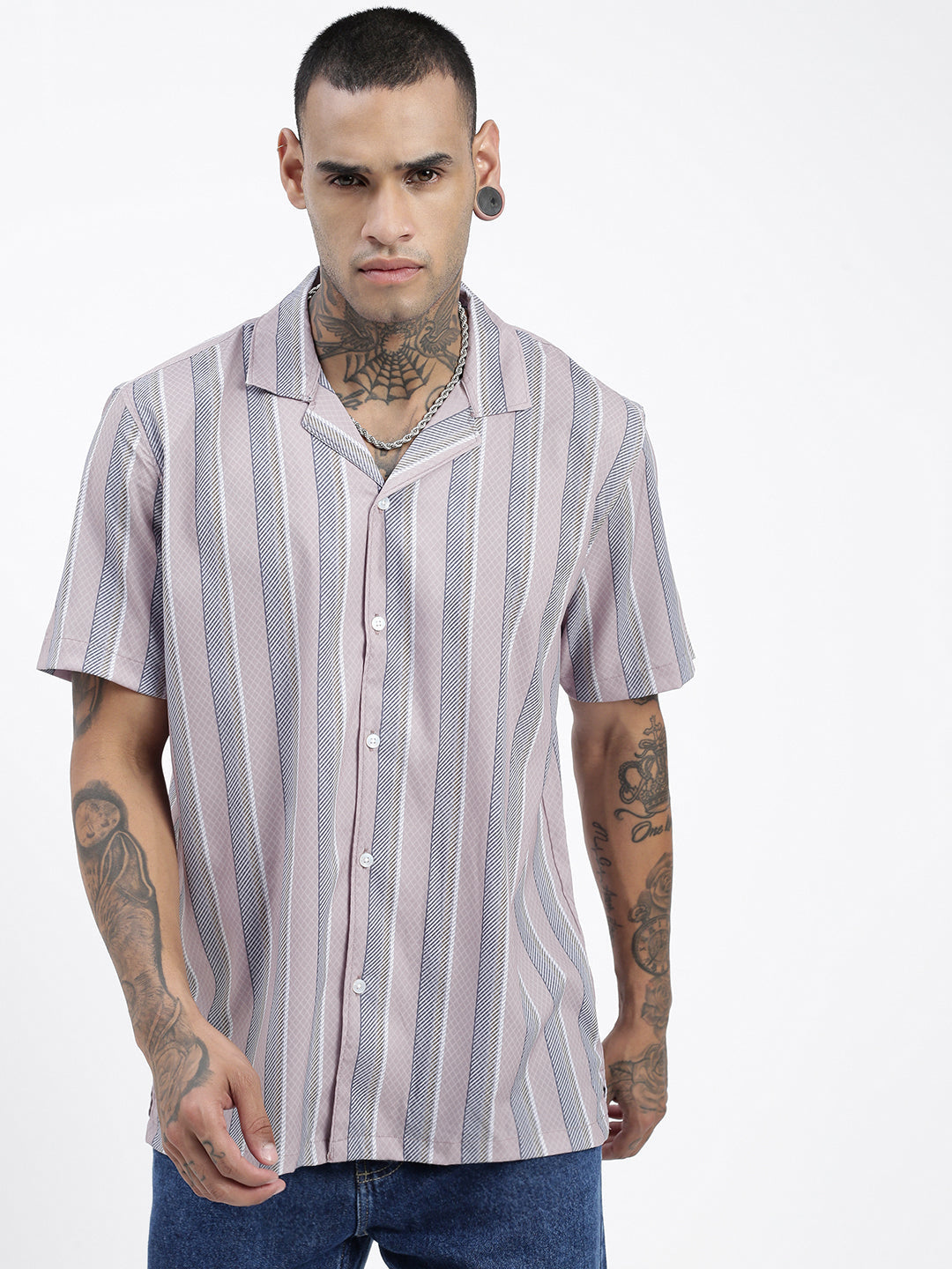 Men Striped Grey Relaxed Fit Shirt