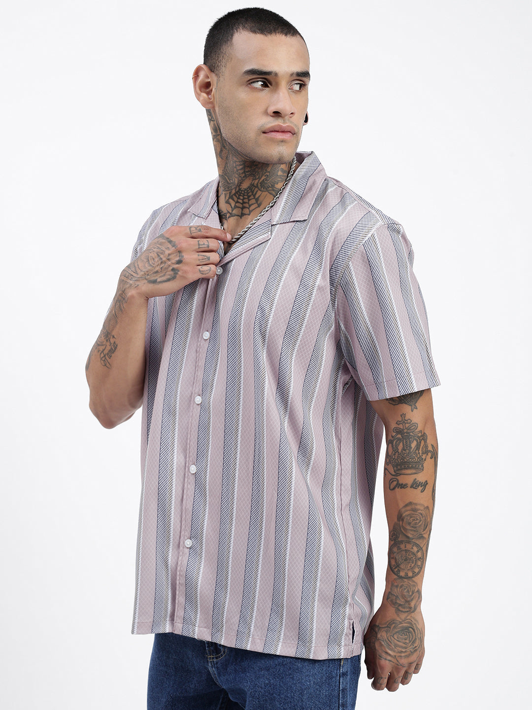 Men Striped Grey Relaxed Fit Shirt