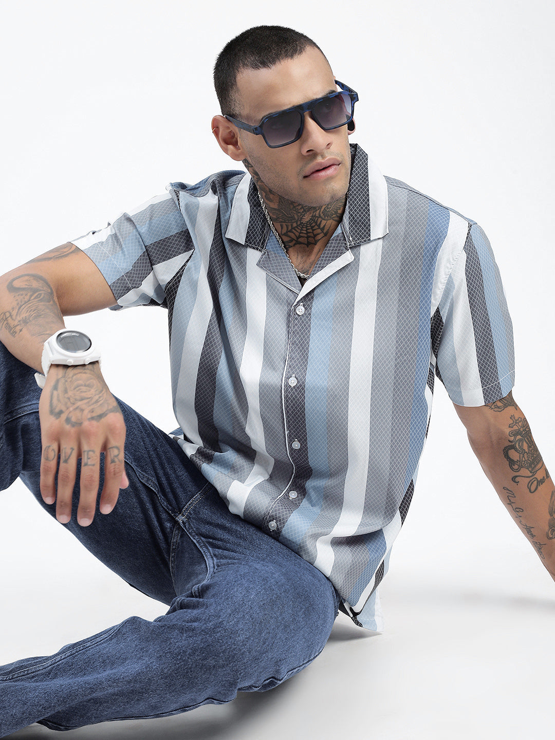 Men Striped Grey Relaxed Fit Shirt