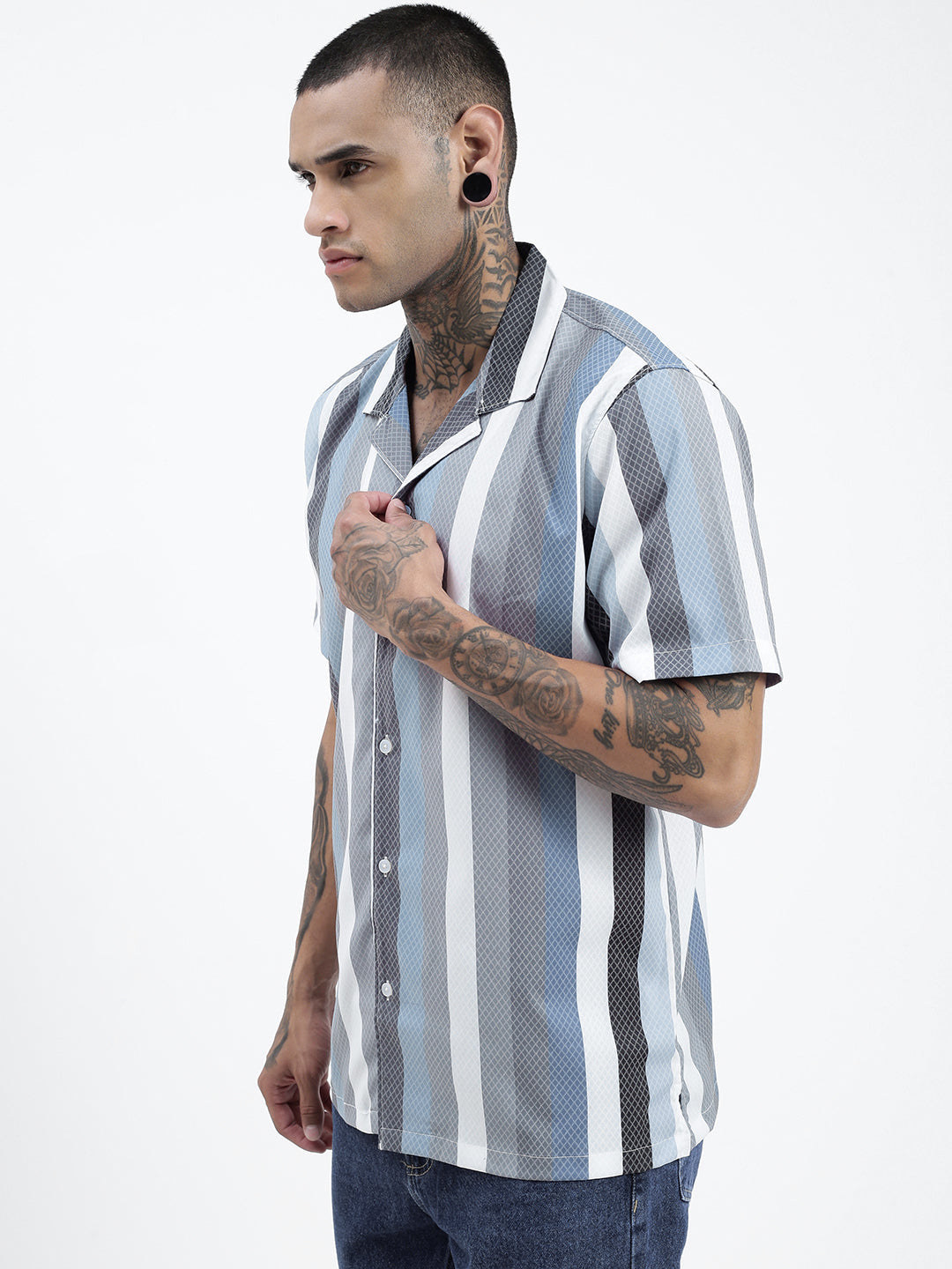 Men Striped Grey Relaxed Fit Shirt