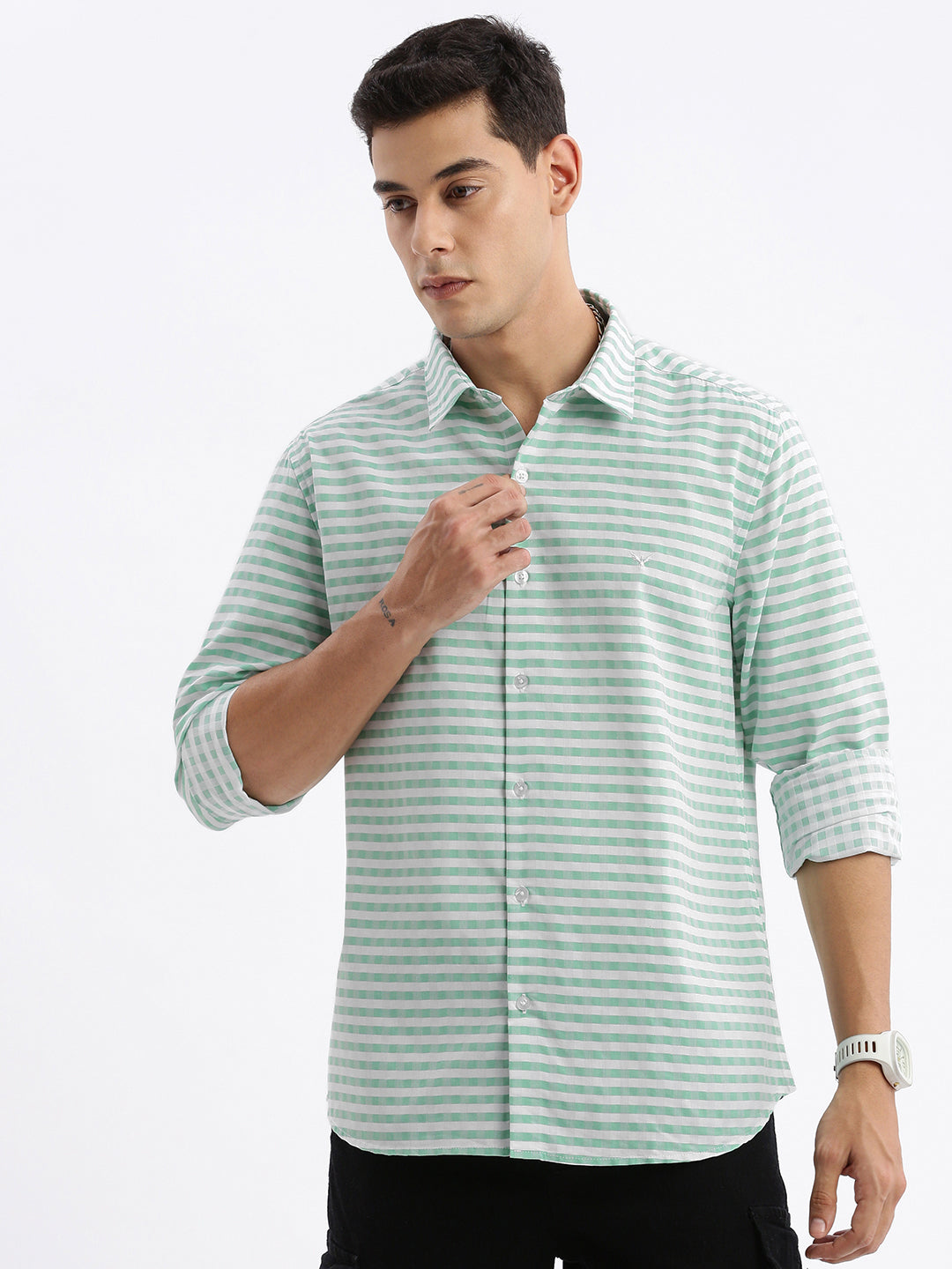 Men Checked Green Slim Fit Shirt