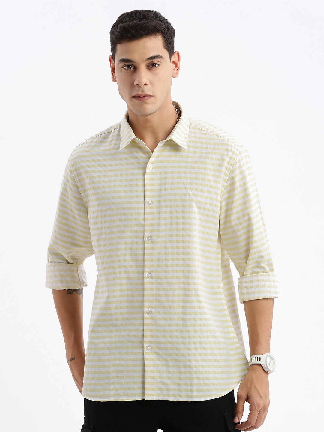 Men Spread Collar Checked Slim Fit Yellow Shirt