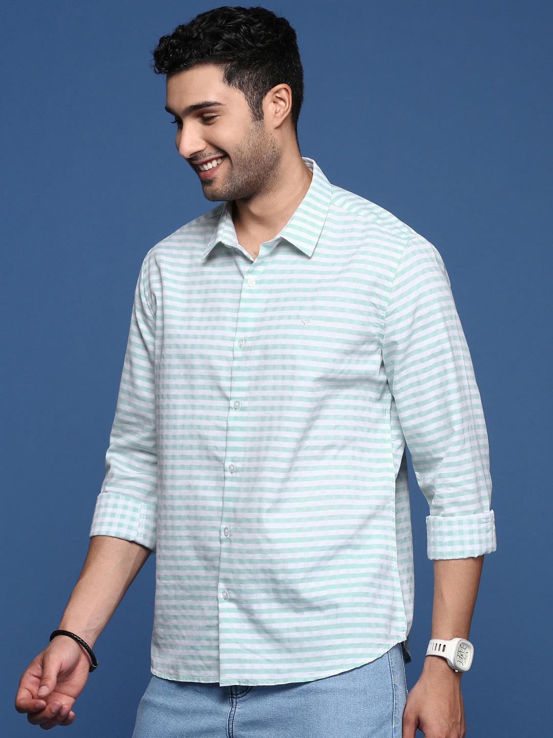 Men Checked Sea Green Slim Fit Shirt