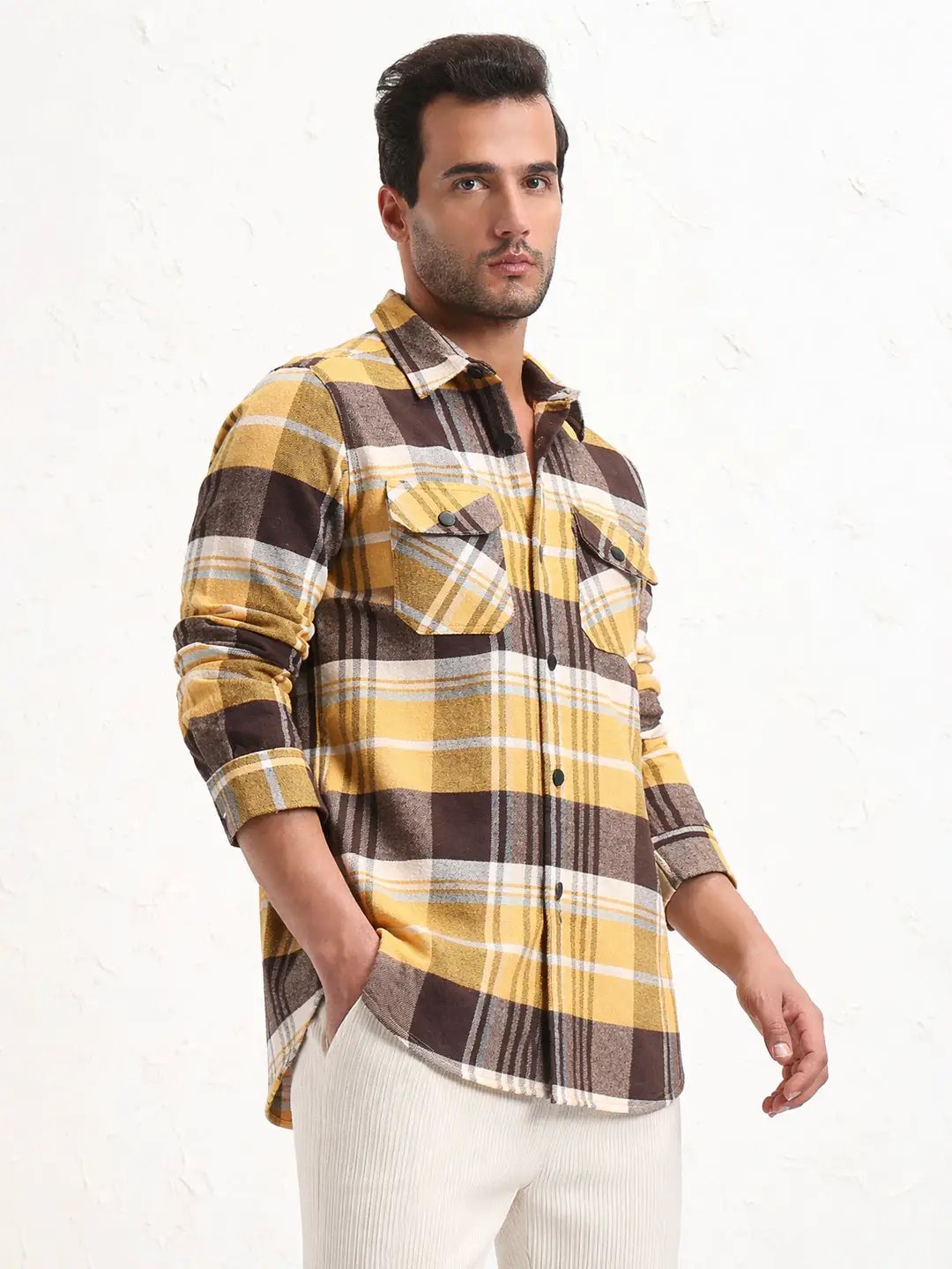 Men's Yellow Checked Slim Fit Shacket - Uncategorized from SHOWOFFFF