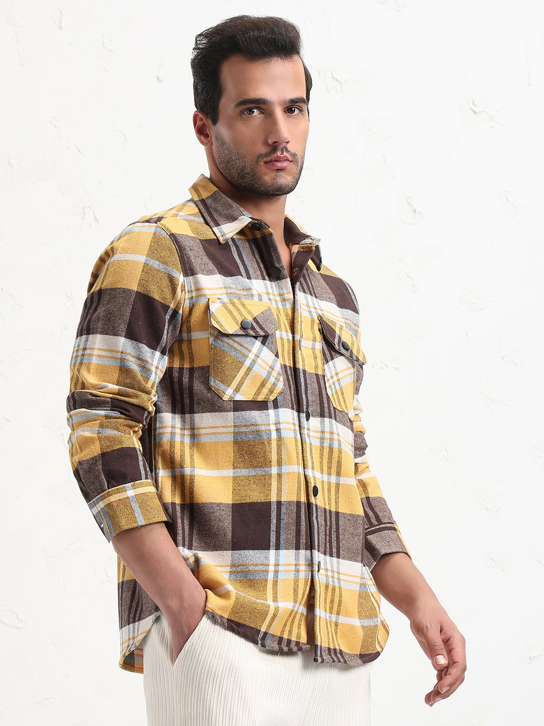Men's Yellow Checked Slim Fit Shacket