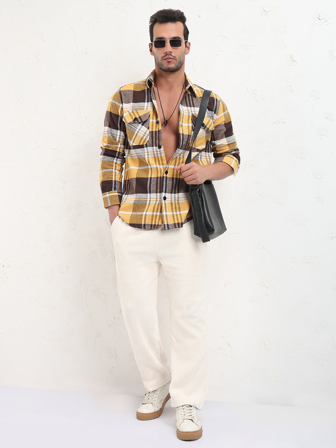 Men's Yellow Checked Slim Fit Shacket
