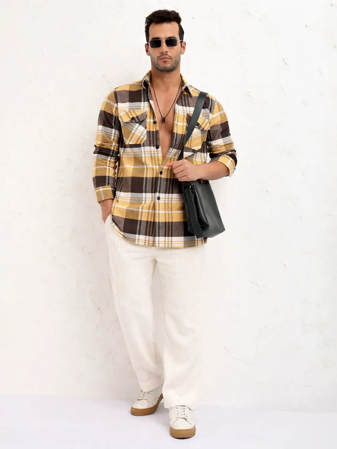 Men's Yellow Checked Slim Fit Shacket - Uncategorized from SHOWOFFFF