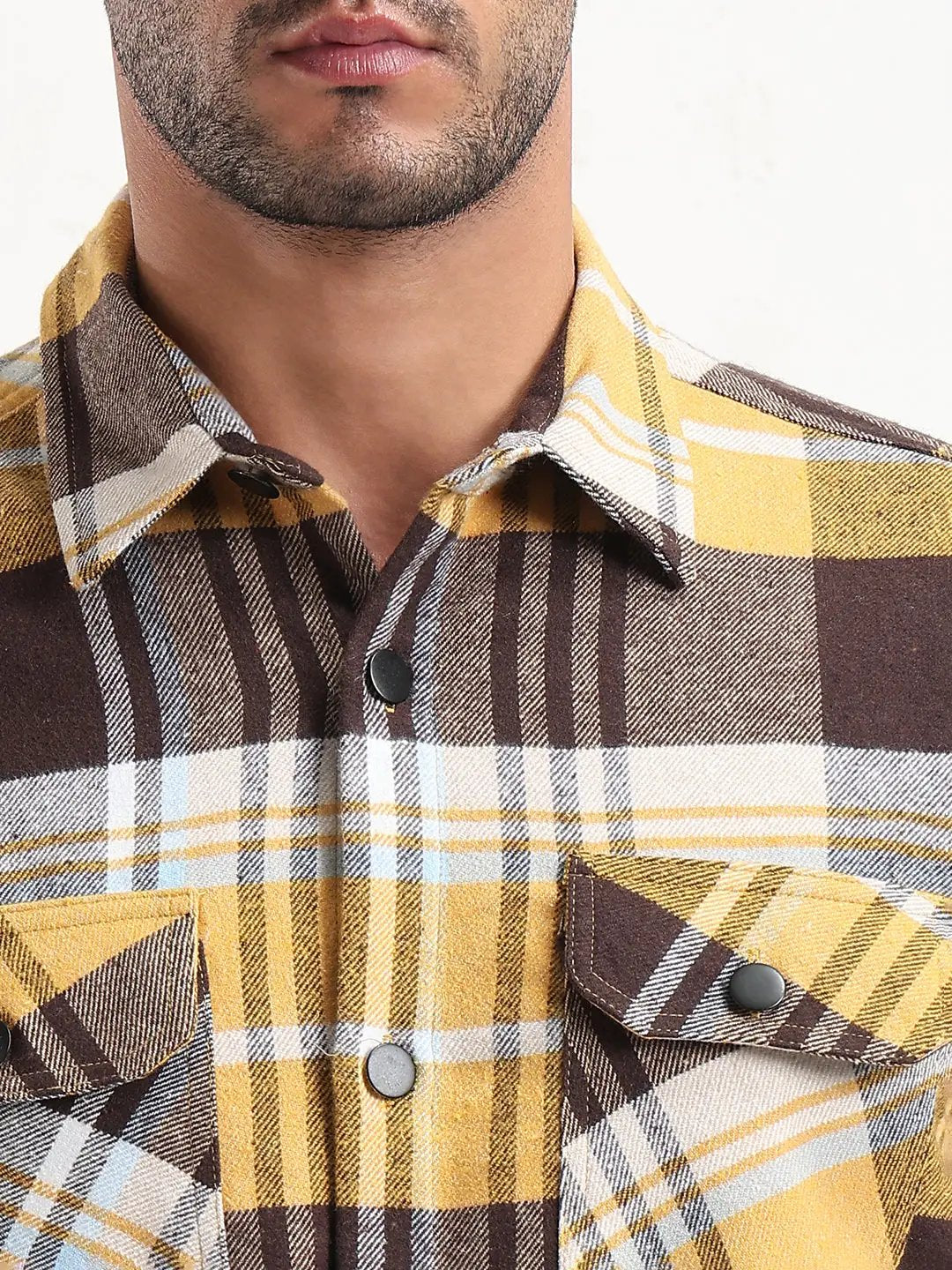 Men's Yellow Checked Slim Fit Shacket - Uncategorized from SHOWOFFFF