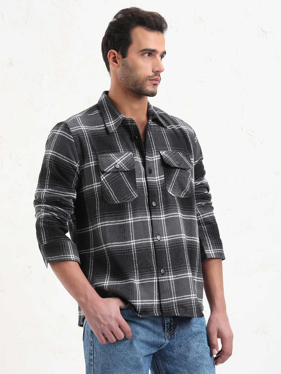 Men's Grey Checked Slim Fit Shacket